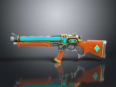 Ornate Fantasy Gun With Orange Wooden Grip Blue Barrel Green Gemstone And Golden Accents 3d model