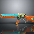 Ornate Fantasy Gun With Orange Wooden Grip Blue Barrel Green Gemstone And Golden Accents