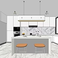 Modern Kitchen Interior With White Cabinets Marble Island And Orange Bar Stools