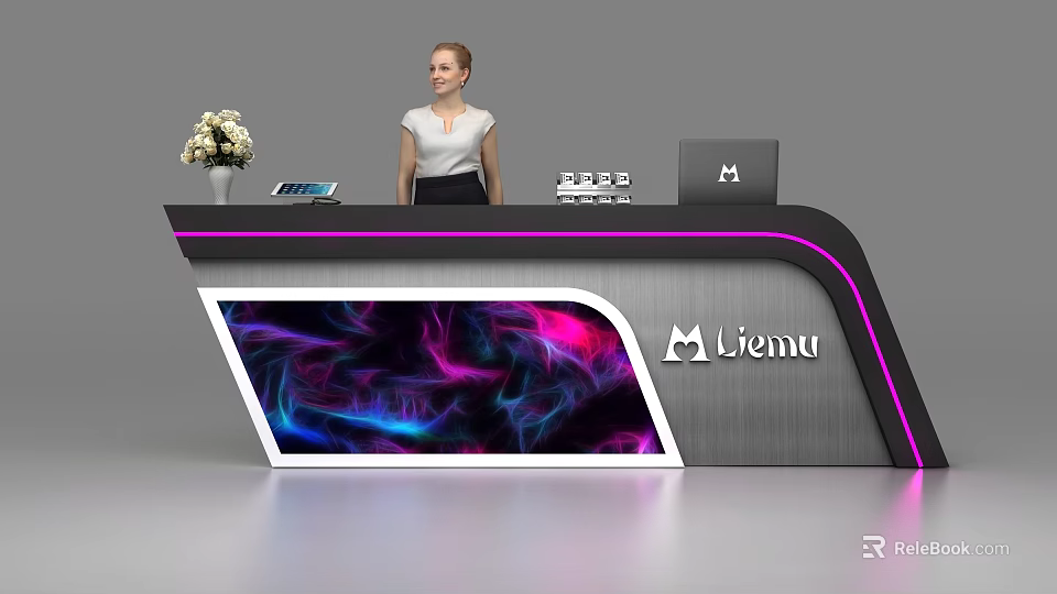 Modern Reception Desk With LED Lighting Liemu Logo Floral Vase Tablet And Laptop 3d model 