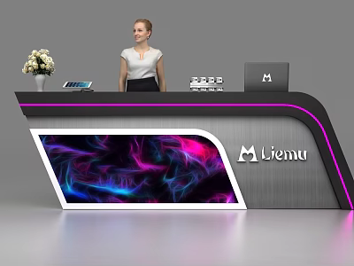 Modern Reception Desk With LED Lighting Liemu Logo Floral Vase Tablet And Laptop 3d model