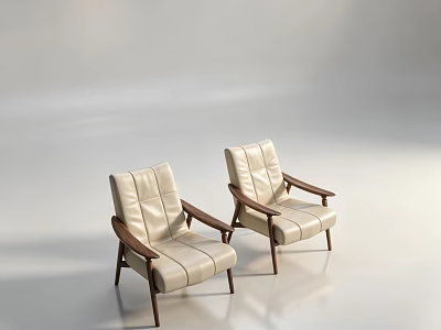 Two Modern Minimalist Light Colored Leather Leisure Chairs With Wooden Arms And Legs 3d model
