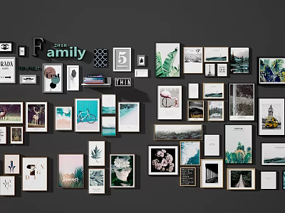 Creative Photo Wall Design With Various Frames Family Photos And Art Prints 3d model