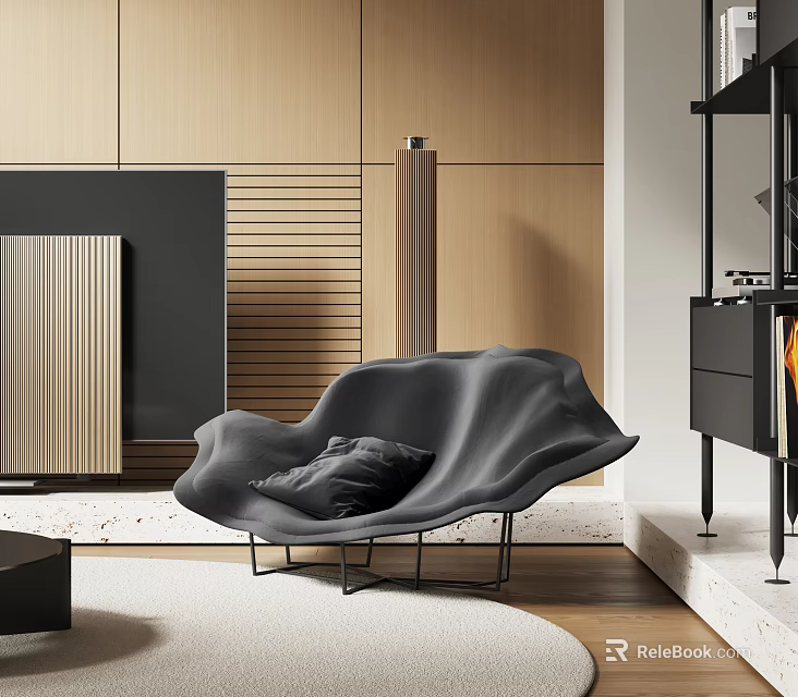 Modern Gray Lounge Chair In Stylish Interior With Metal Frame And Wooden Wall Panels 3d model 