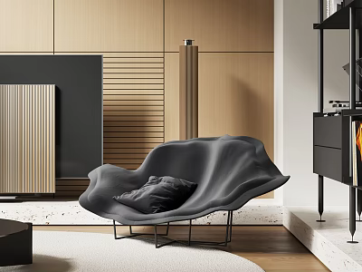 Modern Gray Lounge Chair In Stylish Interior With Metal Frame And Wooden Wall Panels 3d model