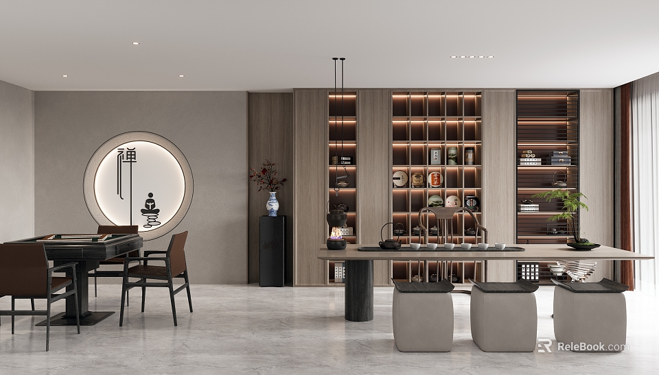 Tea Room Interior Design With Zen Decor Wooden Shelves Tea Sets Tables And Chairs 3d model 