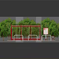 Bus Stop Shelter With Golden Roof Red Frame Green Trees Information Board And Trash Can