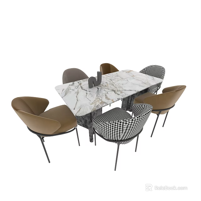 Modern Rectangular Dining Table Set With Marble Top And Mixed Design Chairs For Home Dining Room 3d model