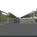 Modern Entrance Gate Design With Stone Pillars Metal Railings And Lush Trees Along Driveway