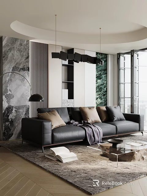 Modern Elegant Living Room Decorative Ornament Set With Throw Pillows Blanket And Floor Lamp 3d model 