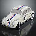White Volkswagen Beetle With Red And Blue Stripes And Number 53 License Plate