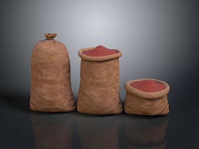 Three Burlap Sacks With Red Grains Food In Different Sizes On Dark Surface 3d model