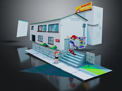 Two Characters In 3D Minimart Scene One Running Up Stairs And One Standing 3d model