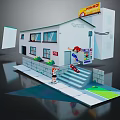 Two Characters In 3D Minimart Scene One Running Up Stairs And One Standing
