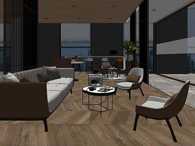Modern Leisure Area Interior With Sofa Chairs Coffee Table Wooden Floor And City View 3d model