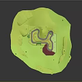 Playful Cartoon Scene With Green Terrain Winding Path Small Pond And Trees