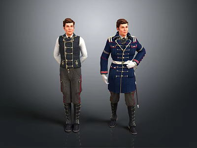 Two Men Wearing Historical Military Style Costumes With Decorative Buttons And Belts 3d model