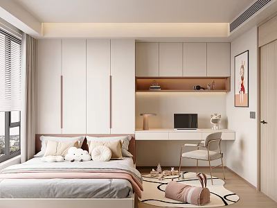 Cozy Tatami Bedroom With Built In Wardrobe And Study Desk 3d model