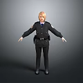 Woman with blonde hair in police uniform standing with arms outstretched against gray background