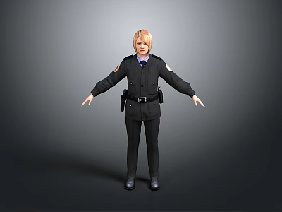 Woman with blonde hair in police uniform standing with arms outstretched against gray background 3d model
