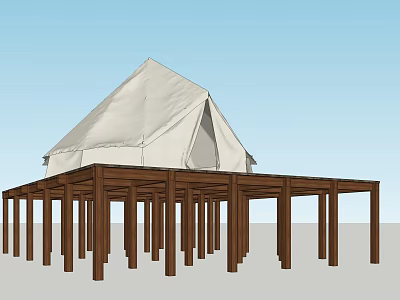 White Canvas Tent Placed On Elevated Wooden Platform Under Clear Sky 3d model