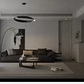 Pink Leather Leisure Chair with Black Sofa Floor Lamp Abstract Painting and Coffee Table