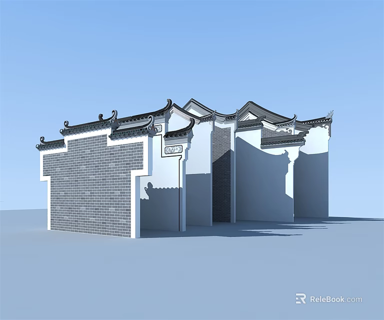 Traditional Chinese Building Facade With Gray Brick Wall White Plaster And Ornate Roof Tiles 3d model 