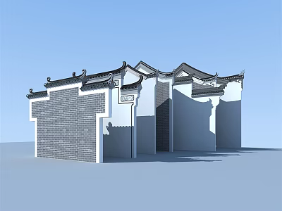 Traditional Chinese Building Facade With Gray Brick Wall White Plaster And Ornate Roof Tiles 3d model