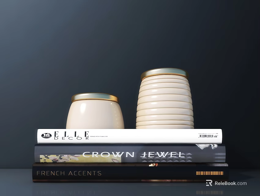 Elegant Decorative Ornament Set With White Gold Rimmed Pieces On Stacked Books 3d model 