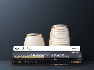 Elegant Decorative Ornament Set With White Gold Rimmed Pieces On Stacked Books 3d model