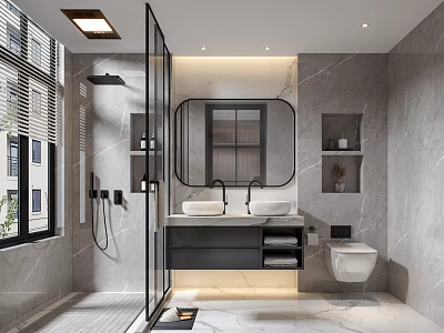 Modern Bathroom Interior With Gray Marble Walls Round Mirror Double Sink Vanity And Glass Shower 3d model