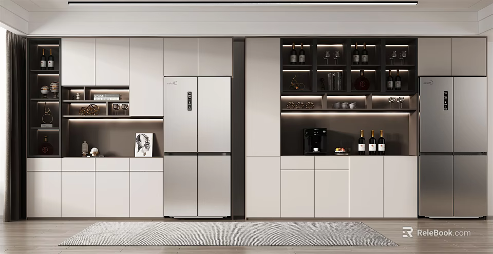 Modern Kitchen Interior Design With Wine Cabinet Storage Bottles And Glasses 3d model