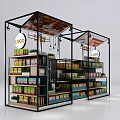 Modern Display Shelves with Black Frame Multiple Layers Green Canopy and Brand Logo for Products