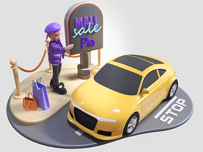 Mall Sale Photo Spot With Neon Sign Yellow Car STOP Sign Shopping Bags And Person 3d model
