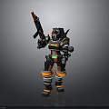 Sci Fi Robot Character With Mechanical Armor Holding Orange Rifle And Green Accents