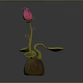 Cartoon Scene Featuring Pink Flower Bud Green Curly Stem Round Leaves And Brown Pot