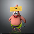 Cartoon Character Patrick Star With Pink Body Wooden Sign On Head And Green Shorts
