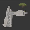 Modern Architectural Structure Featuring White Stone Blocks Green Vegetation And Rooftop Tree With Purple Flowers