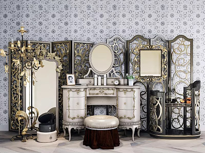 Classic White Carved Dressing Table With Stool And Decorative Screen Wallpaper 3d model