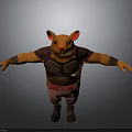 Anthropomorphic orange mouse wearing brown vest red belt boots with arms outstretched on gray background