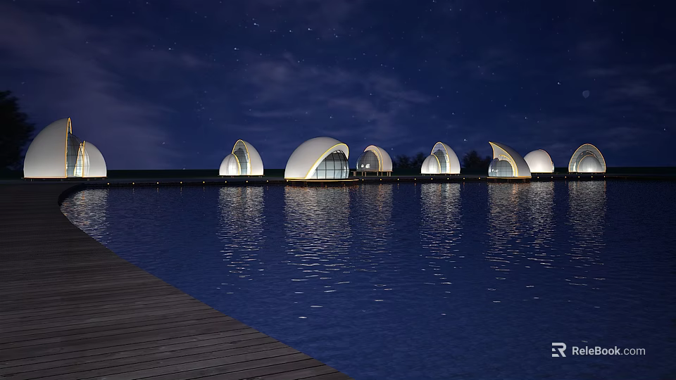 Starry Night Scenery With Dome Shaped Buildings Reflecting On Water And Wooden Dock 3d model 