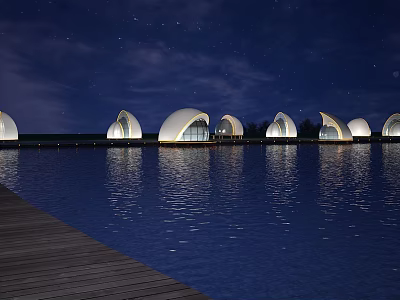 Starry Night Scenery With Dome Shaped Buildings Reflecting On Water And Wooden Dock 3d model