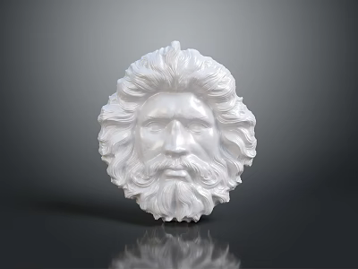 Ornate White Lion Head Sculpture As Decorative Component With Curly Mane And Beard 3d model