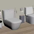 White Modern Toilets In Bathroom With Toilet Paper Holder Trash Can And Wooden Floor