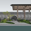Japanese Style Viewing Platform With Wooden Roof Stone Wall Rock Garden And Water Reflection