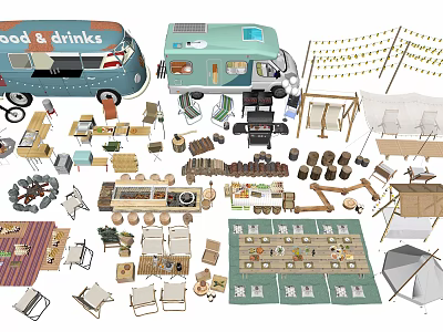 Outdoor Camping Gear And Supplies With Food Truck Tents Tables Chairs Grills And Drinks 3d model
