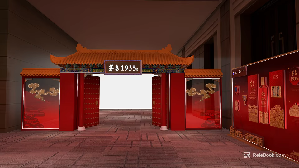 Wutai 1935 Red Event Gateway with Golden Decorations Chinese Style Roof and Red Pillars 3d model 