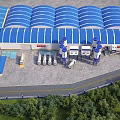 Industrial Factory Building with Blue Roof Cement Silos Mixing Equipment and Yellow Trucks