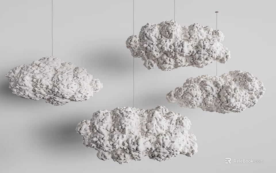 Three Textured Cloud Shaped White Chandeliers Hanging in Gray Background 3d model 