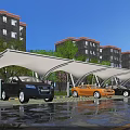 Outdoor Parking Canopy with Cars Parked Under Green Trees and Pink Flowers Near Residential Building